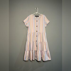 Girls’ Three Pink Hearts Rainbow Striped Dress Size L EUC